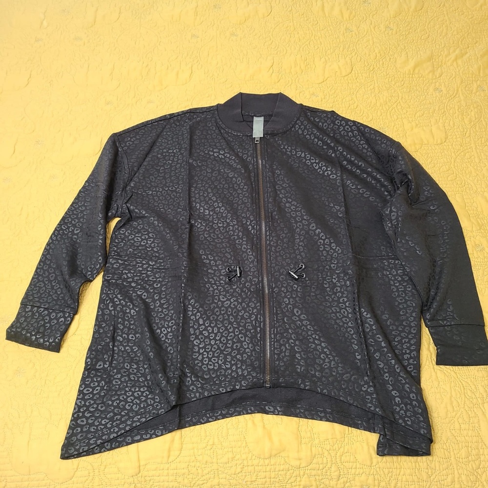 Zuda Bomber Jacket S Zip Up Black Animal Print Leopard Cinch Zknit Cheetah